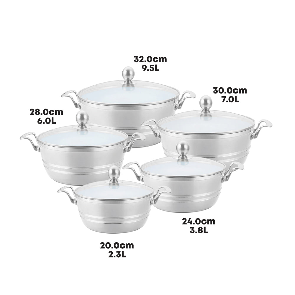 SERAMIQ Diecast Ceramic Casserole Stockpot Kitchen Set Of 5 Silver 7202 (Big Parcel Rate)