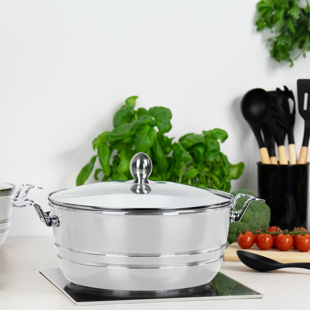 SERAMIQ Diecast Ceramic Casserole Stockpot Kitchen Set Of 5 Silver 7202 (Big Parcel Rate)