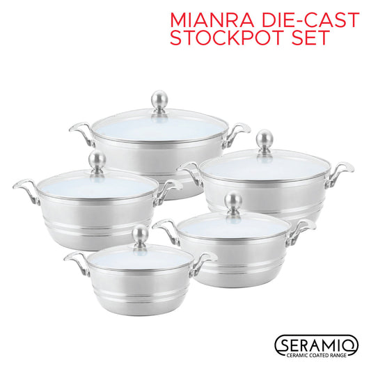 SERAMIQ  Diecast Ceramic Casserole Stockpot Kitchen Set Of 5 Silver 7202 (Big Parcel Rate)
